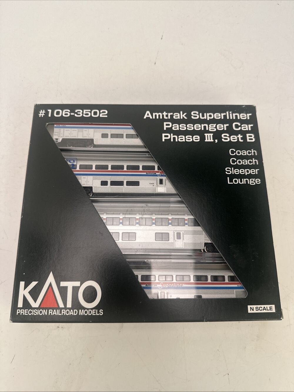 N scale, Kato 106-3502 Amtrak superliner passenger cars PH III Set B